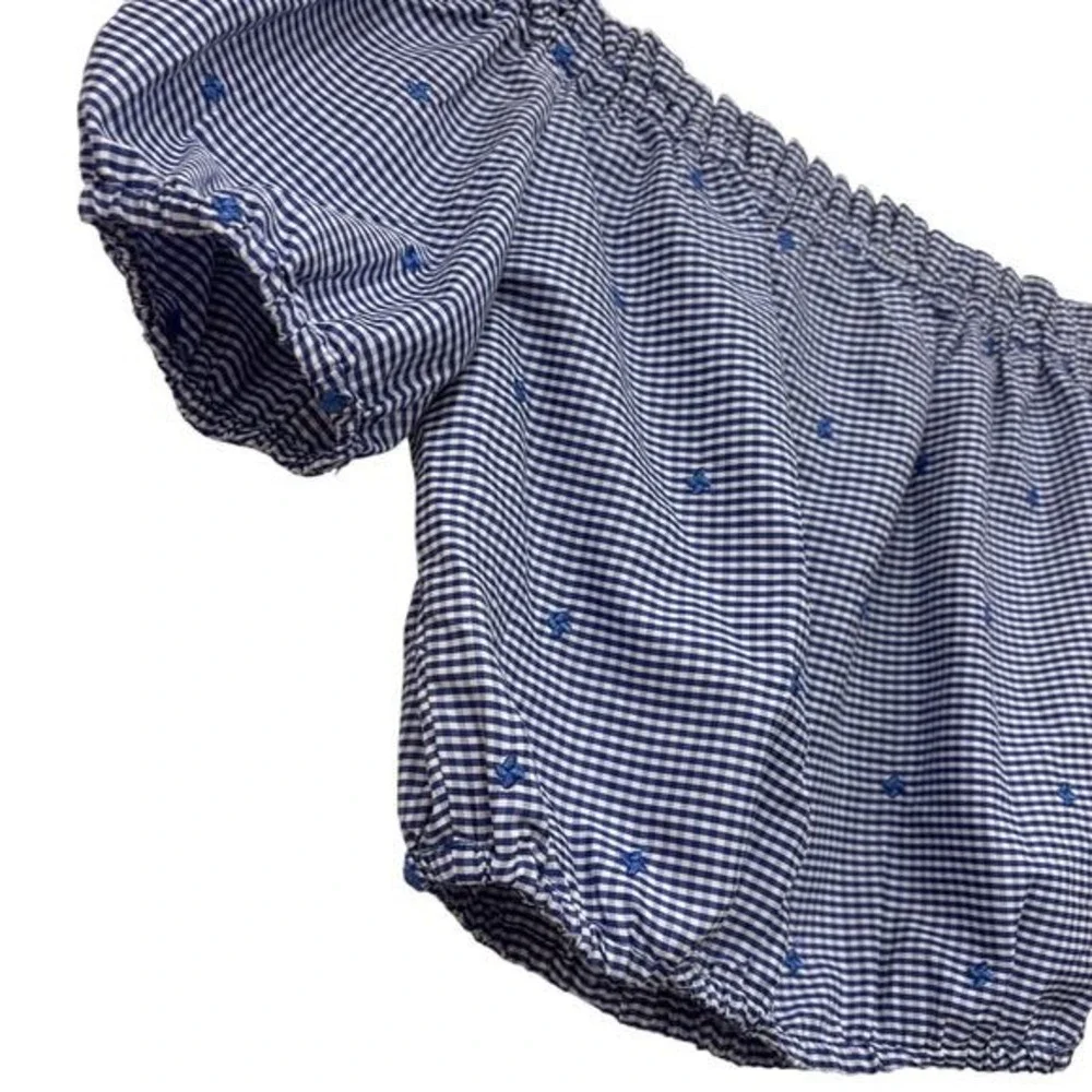 Alexis Gingham Embroidered Crop Top Size Small‎ Blouse Puff Short Sleeves - Picture 4 of 6